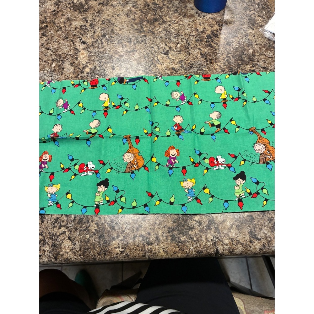 Peanuts Christmas Fabric Remnant Green Charlie Brown Snoopy Holiday Lights 42x11